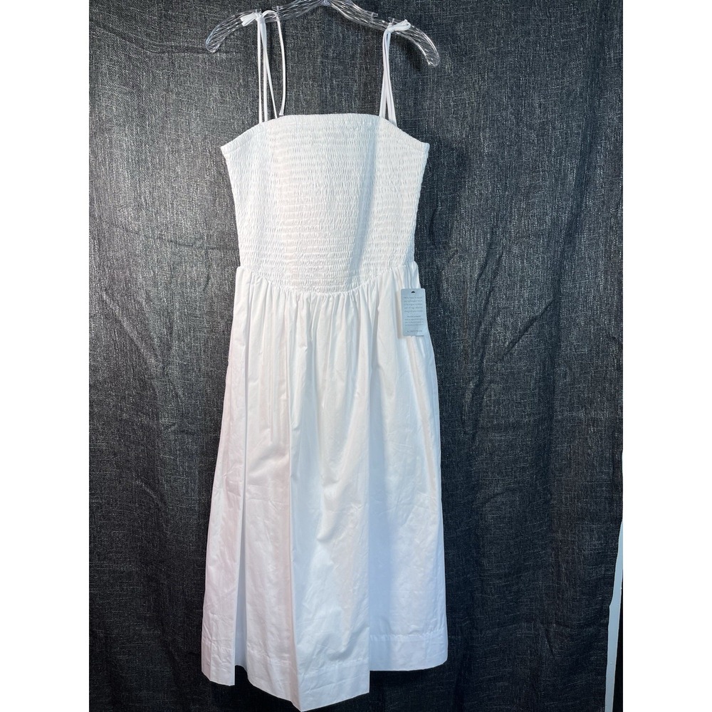 New ASTR the Label Sz L Dress White Smocked Poplin Midi Tie Shoulder Cotton NWT